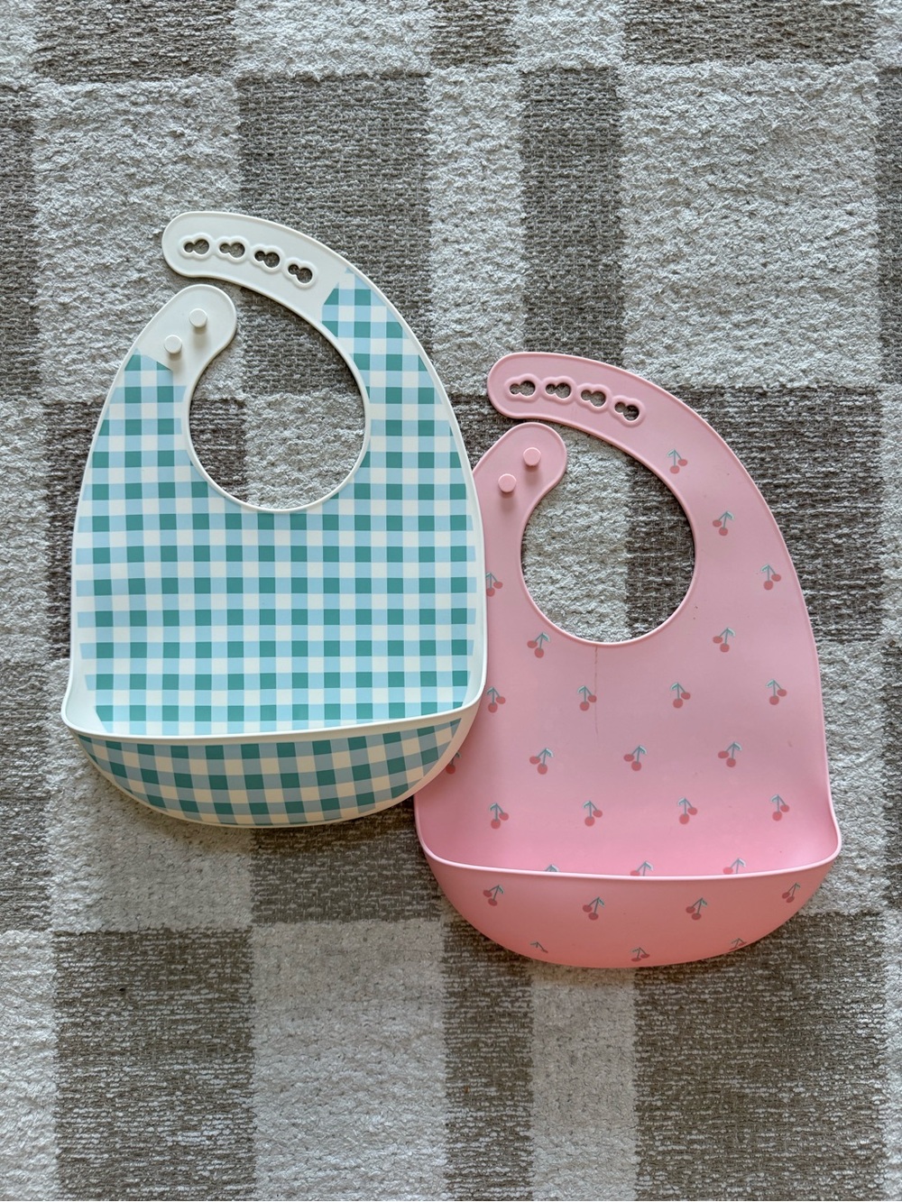 cloud island Silicone Baby Bibs in Pink Cherry & Teal Gingham